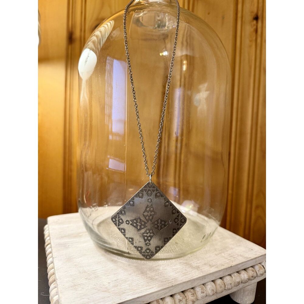 Vintage Signed Rolf Buodd Norwegian Pewter Necklace, 1960s Modernist Diamond